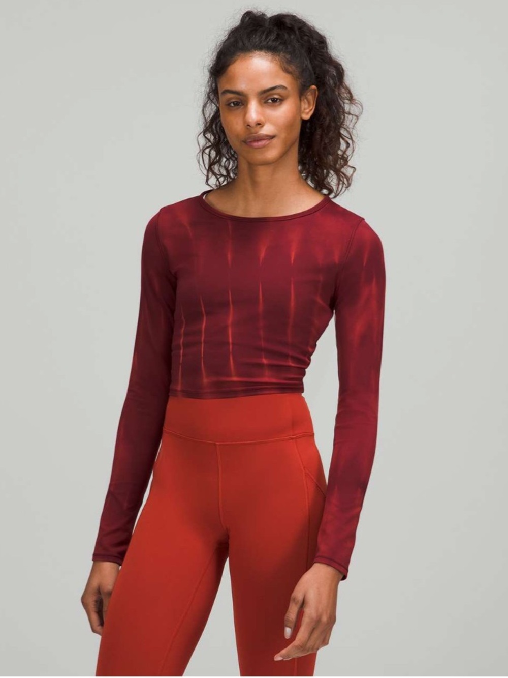 Lululemon Wunder Train Cropped Long Sleeve Shirt Sun Bleached Wash Red Merlot 6